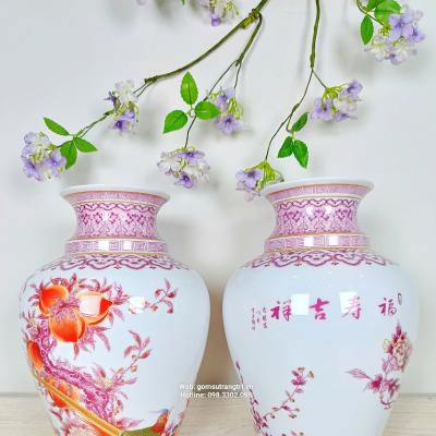 Cặp bình vẽ tay, vẽ mã não, cặp bình vẽ chim trĩ, đào trường thọ